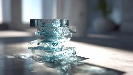 Crystallization of Clarity: A translucent stack of ice cubes casts captivating shadows, epitomizing the purity of crystalline form, illuminated by the radiant embrace of natural light.