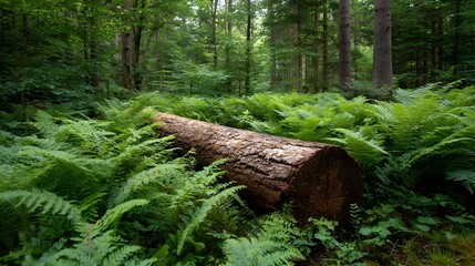 Fototapeta premium A large fallen log rests among lush green ferns in a tranquil woodland forest setting
