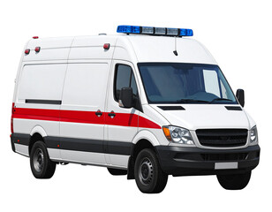 White emergency medical van with red stripe and blue lights