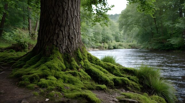 A large moss covered tree trunk stands majestically on the bank of a flowing river in a lush forest