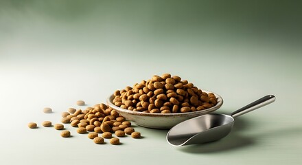 Dry dog food in a bowl with a scoop