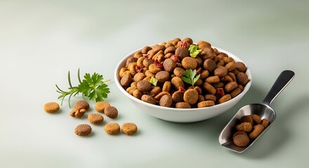 Nutritious dog food in a bowl with a scoop and fresh herbs