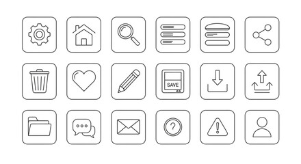 Rounded square outline user interface icon set with home, search, file, message and settings symbols vector illustration