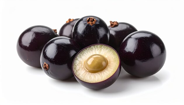 Arrangement of ripe jaboticaba fruits, including a halved one, on a white surface.