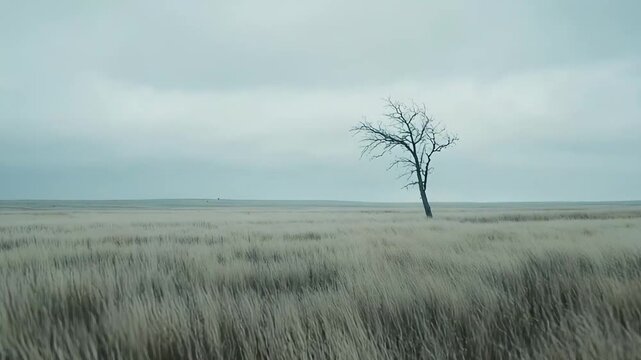 Bare leafless tree standing alone in a vast, desolate field beneath an overcast sky, evoking solitude, resilience and stark winter landscape with cold, quiet atmosphere