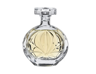 Elegant, faceted glass perfume bottle with golden liquid and ornate floral detail