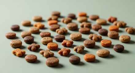 Various shapes and sizes of dry pet food kibble on a neutral background