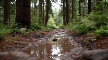 Obraz premium A muddy forest path with puddles and reflections amidst evergreen trees
