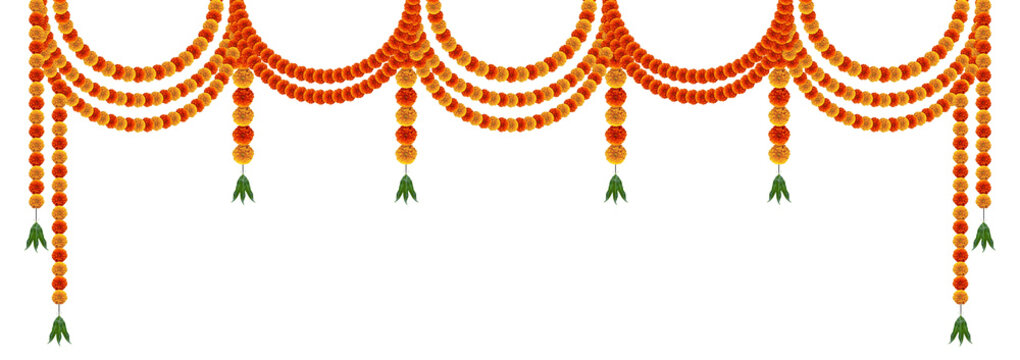 Orange and red marigold flowers hanging decorative design element for hindu festivals wishes and mobile invite