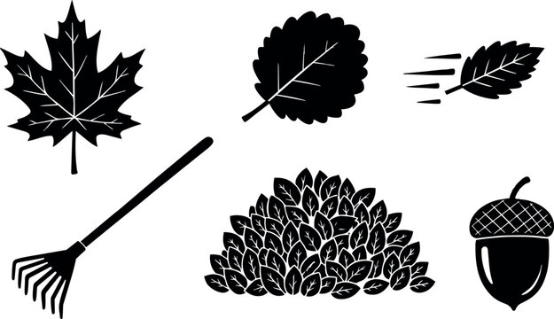 Flat design vector art of rake pushing maple leaf pile with flying leaves and acorn icon in black silhouette style