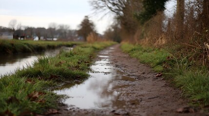 Obraz premium A muddy wet path with reflective puddles runs alongside a calm river under an overcast sky in a rural setting