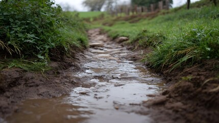 Fototapeta premium A muddy rural path with stone elements and puddles after rain