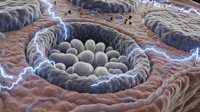 Potassium imbalance. In hyperkalemia, K⁺ ions glow intensely as they accumulate around cell membranes, altering electrical gradients and reducing membrane potential