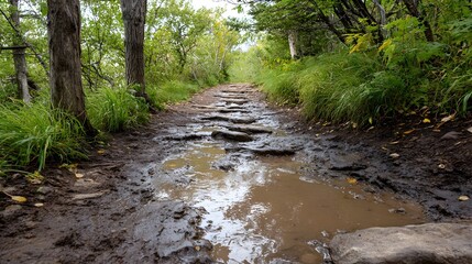 A muddy waterlogged hiking trail featuring uneven stones and deep puddles winds through a lush green forest