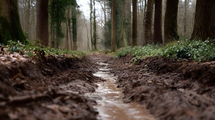Fototapeta premium A deeply rutted muddy forest path with a shallow stream flowing through the tracks surrounded by damp earth and bare trees