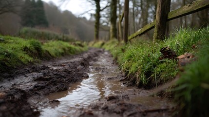 A muddy rutted path with puddles of water winds through a natural landscape beside a rustic wooden fence