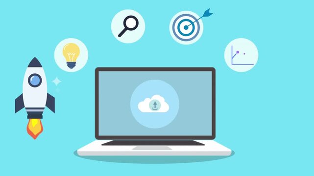 Flat illustration of a laptop with cloud automation icon, rocket, search, target, lightbulb, and performance gauge, representing artificial intelligence, cloud technology, digital marketing automation