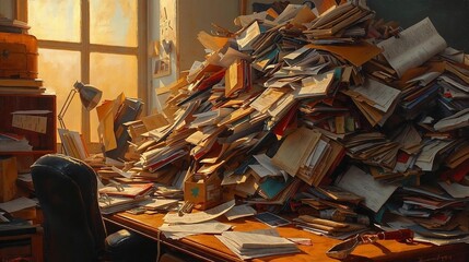 An artistic depiction of a disorganized pile of papers lit by a warm sunset, symbolizing chaos and the pressures of contemporary office life.