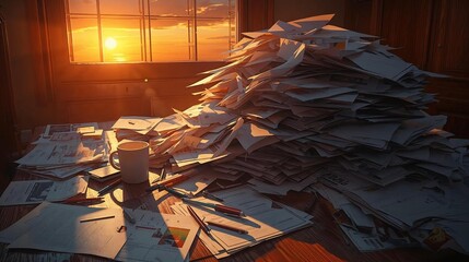 An artistic depiction of a disorganized pile of papers lit by a warm sunset, symbolizing chaos and the pressures of contemporary office life.