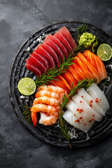 Assorted Sashimi on Dark Stone Slate with Lime and Wasabi