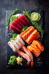 Assorted Sashimi on Dark Stone Slate with Lime and Wasabi