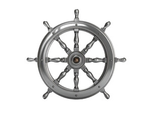 Obraz premium Metallic ship steering wheel with eight spokes and dark background