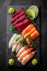 Assorted Sashimi on Dark Stone Slate with Lime and Wasabi