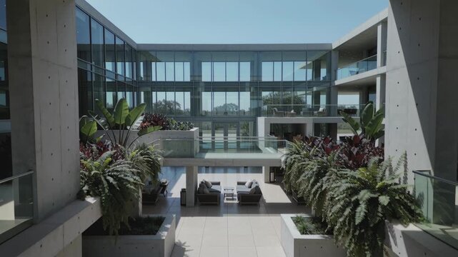 Modern building atrium before and after a man receives outdoor massage, showcasing relaxation and luxury architecture