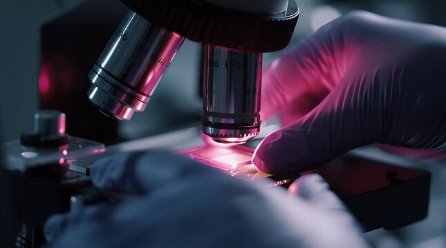 Scientist using microscope to examine sample with precise focus and detailed observation in laboratory setting