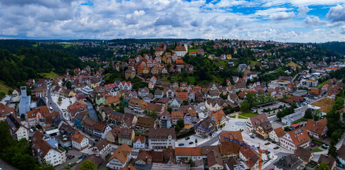 Obraz premium Aerial panoramic view of the city Altensteig in Germany on a sunny spring afternoon.