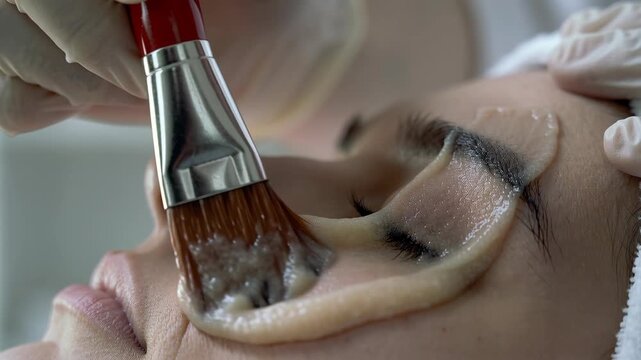 Woman undergoing an eyebrow lamination treatment with a brush applying a creamy solution. Eyebrow shaping and beauty care.