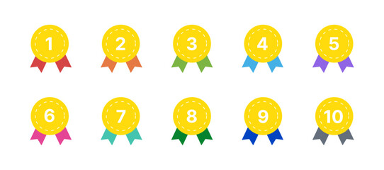 Place Medals with Rainbow Ribbons. Vector Illustration for Sports Awards, Quizzes, and Education Apps