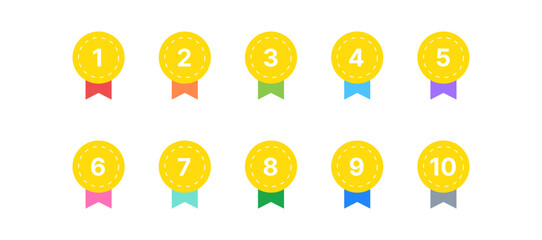 Place Medals with Rainbow Ribbons. Vector Illustration for Sports Awards, Quizzes, and Education Apps