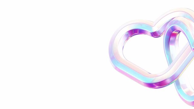 Detailed close-up of interlocking heart shapes with a shiny pastel iridescent finish and soft shadows against a clean white background offering a dreamy aesthetic