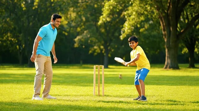 father and son playing cricket in park
