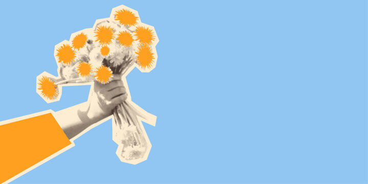 Floral Collage Bouquet in Hand Isolated on Blue Background, Retro Halftone Banner with Copy Space for Mother&rsquo;s Day, Valentine&rsquo;s Day, International Women&rsquo;s Day. Vector illustration