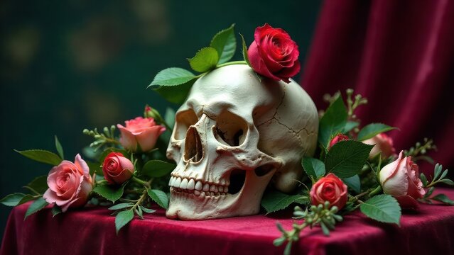 A Human Skull Adorned with Roses, a Still Life of Mortality and Beauty on Crimson Fabric