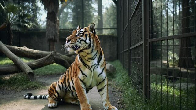 Zoo keeper with cap and boots standing near tiger lying down and then the tiger standing and walking in an enclosure.