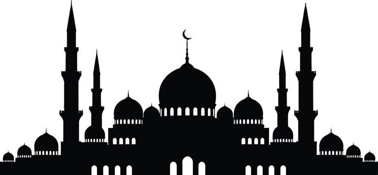 Mosque silhouette design, Islamic architecture, black vector, crescent dome, minaret structure, religious building, cultural art, worship place, traditional style