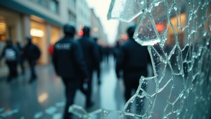 Cracked window overlooking busy street