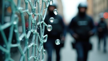 Police officers standing behind barbed wire