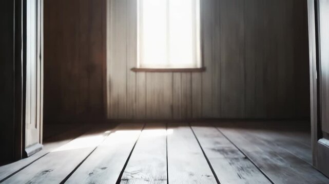 Unfurnished interior space featuring worn wooden floorboards extending towards a sunlit window, creating a serene atmosphere of reflection, opportunity, and new beginnings