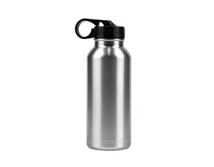 Sleek, silver, insulated bottle with a black flip-top lid and carrying loop