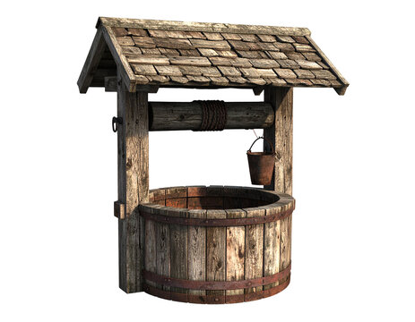Rustic wooden well with bucket and rope, aged structure, outdoor