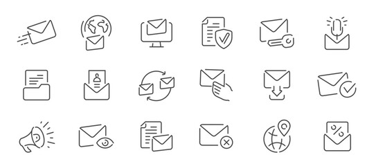 Email icon collection in line style. Set of e-mail and letter signs. Web symbols for websites or applications