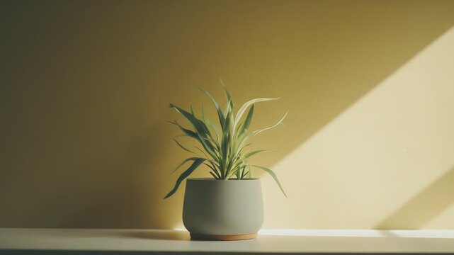 Minimalist interior still life showcasing a small houseplant in a ceramic pot on a clean white shelf, receiving angled morning sunlight and creating geometric patterns on the warm ochre wall