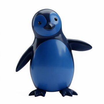 Cute blue plastic penguin character standing on white background 3D render
