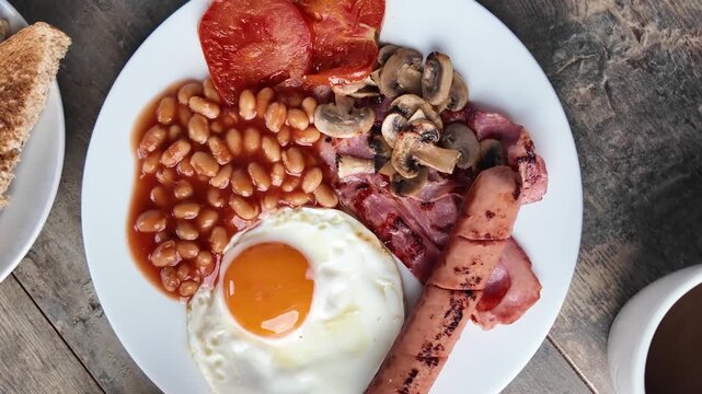 Full English breakfast with fried egg, bacon, sausages and beans