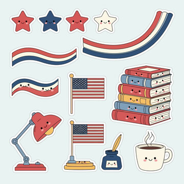 Collection of patriotic elements including flags, stars, and educational items on a clean background viewed from directly above