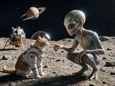 Alien and astronaut cat meet on moon surface near Saturn